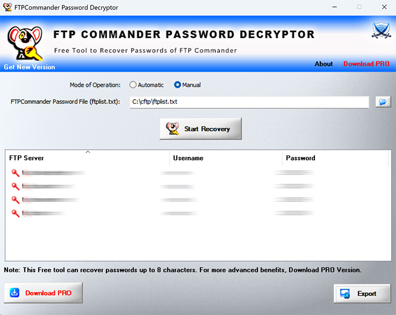FTPCommanderPasswordDecryptor showing recovered passwords